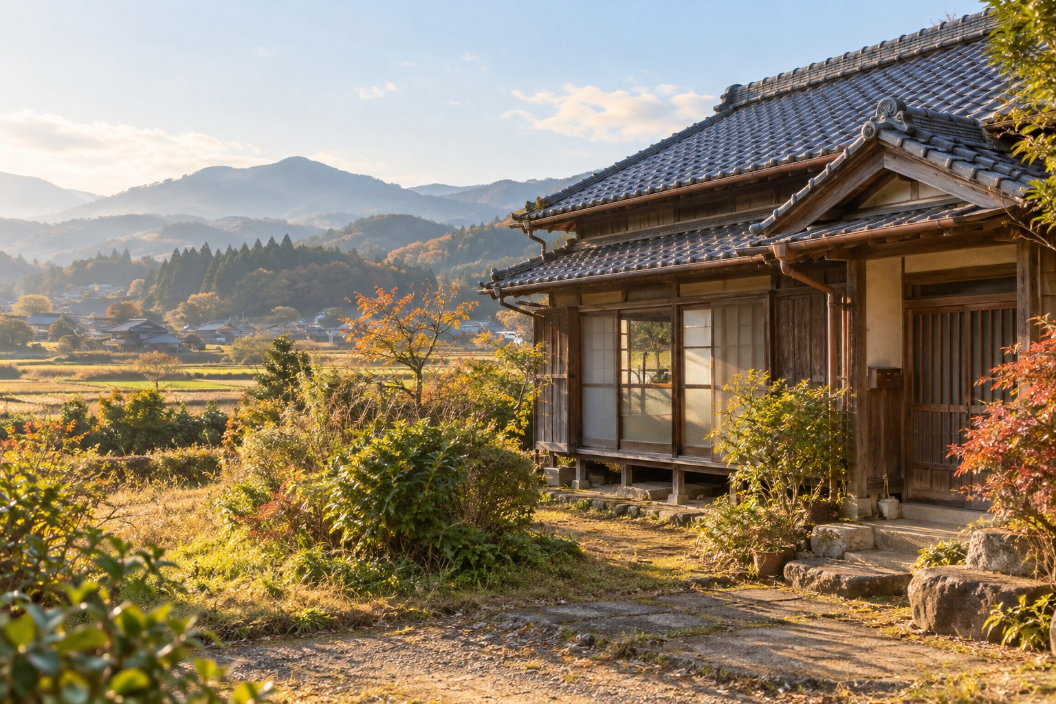 山々と田園に囲まれた、瓦屋根の古い木造家屋のイメージ